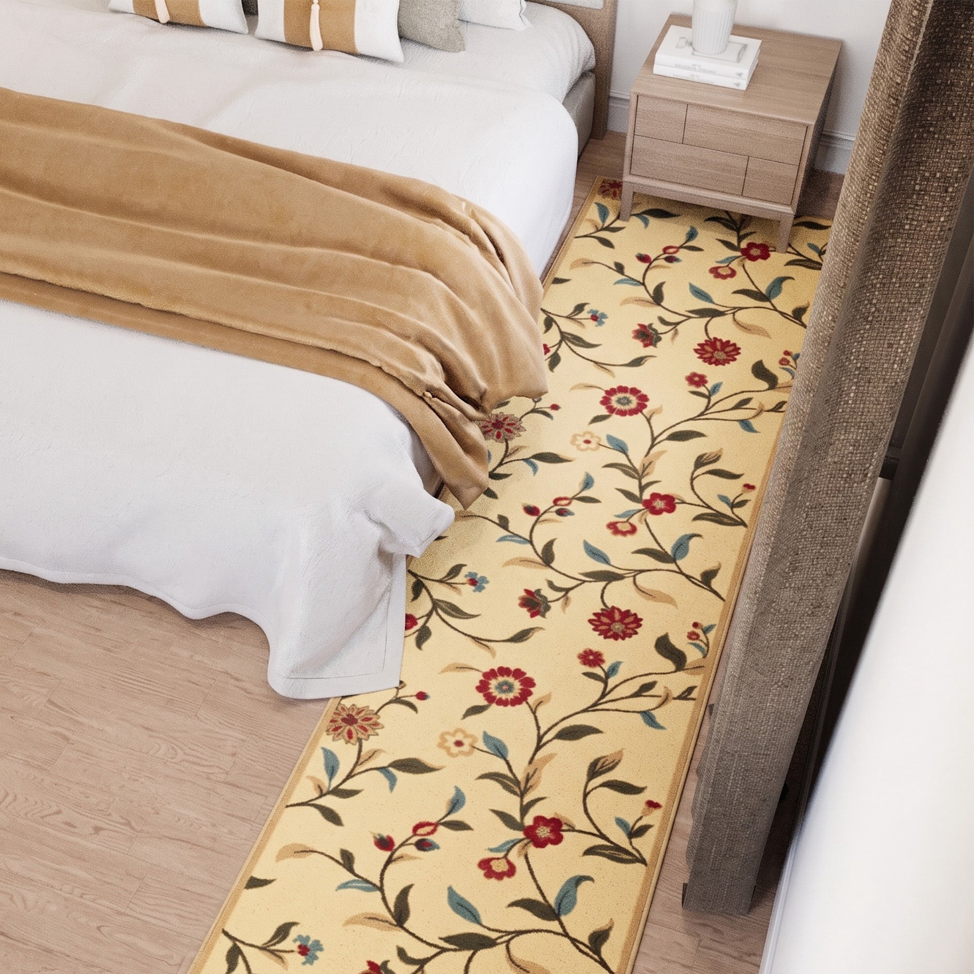 Ottomanson Extra Long Runner Rug 2'7" x 53' – Non-Slip Low Pile Hallway Carpet, Floral Beige