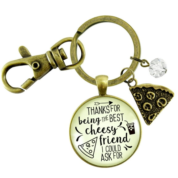 Pizza BFF Gutsy Goodness Bronze Keychain Thanks For Being Best Cheesy Pizza Theme Women's Fun Jewelry Slice