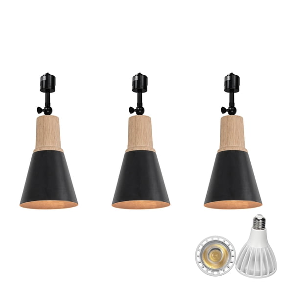 KAYYELAMP 3-Pack J System Adjustable Titl Angle Track Lighting Full Spectrum 6000K 25W Bulb Wood Base Black Metal Shade Vintage Design for Farmhouse Kitchen Plant Rooms