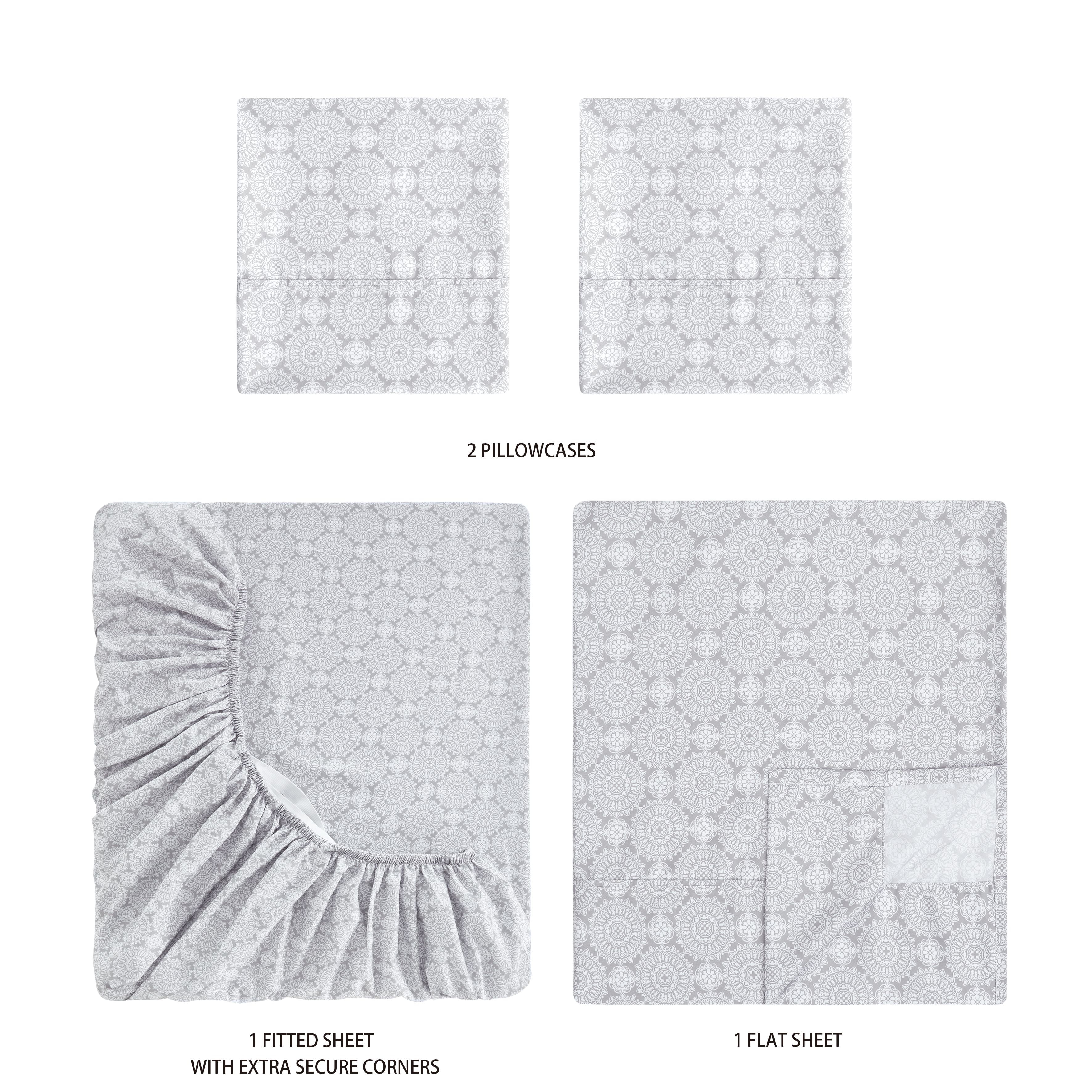 Mainstays Super Soft Brushed Microfiber Bed Sheet Set, Gray Medallion, Full, 4 Piece