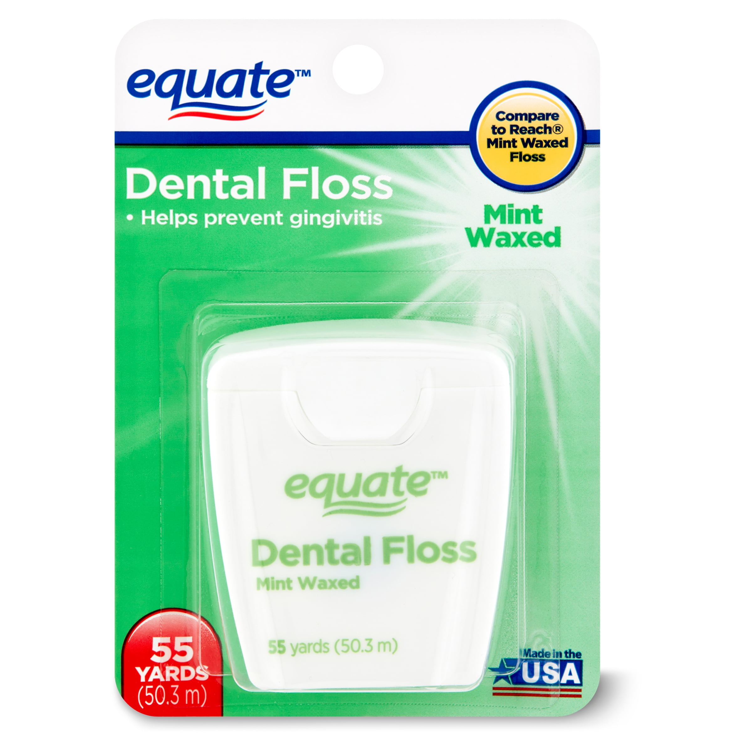 Equate Mint Waxed Dental Floss, Removes Plaque and Food Debris, Stimulates Gums, Gentle Cleaning, Nylon Floss, 55 yds