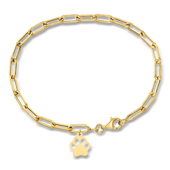Ross-Simons 10kt Yellow Gold Paw Print Charm Paper Clip Link Bracelet, Women's, Adult