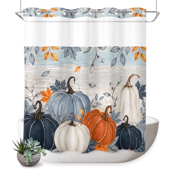 No Hook Shower Curtain, Orange Blue Pumpkin Fall Shower Curtains for Bathroom with See Through Top Window, Thanksgiving Botanical Vintage Waterproof & Washable Bath Curtain Long 72"x78"