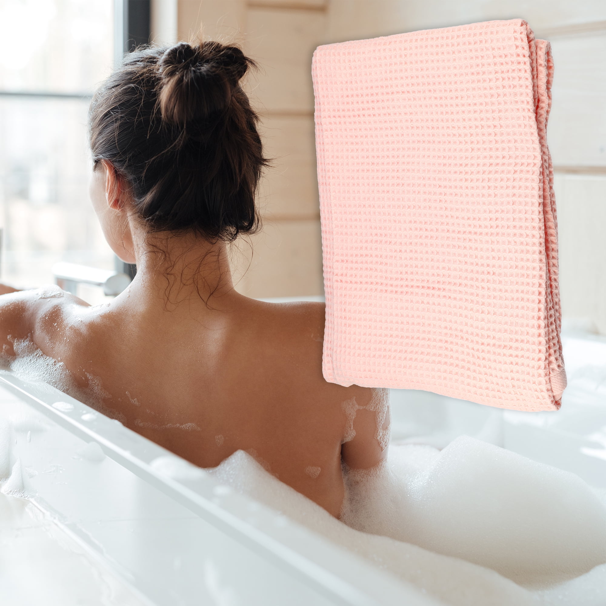 Unique Bargains 1Pc Waffle Weave Pattern Soft Absorbent Cotton Bath Towel Pink 55.12''x27.56'' for Bathroom Shower