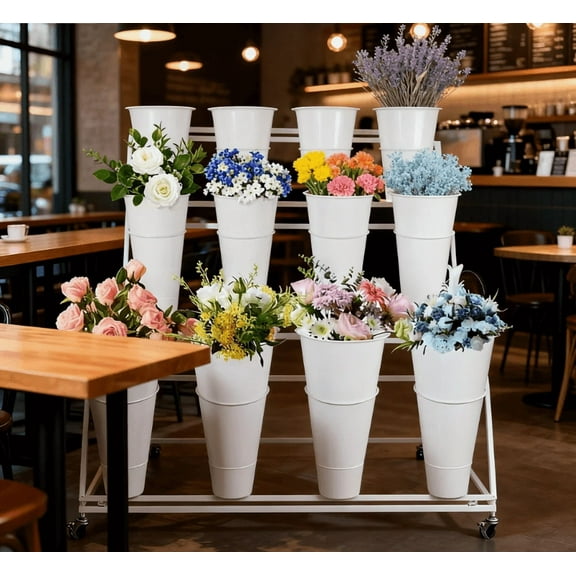 Flower Display Stand with 12 Buckets, 3 Layers Flower Bar, White Metal Plant Stand with Wheels, Heavy Duty Flower Cart for Indoor Outdoor Patio Garden Wedding Florist, White Metal Frame