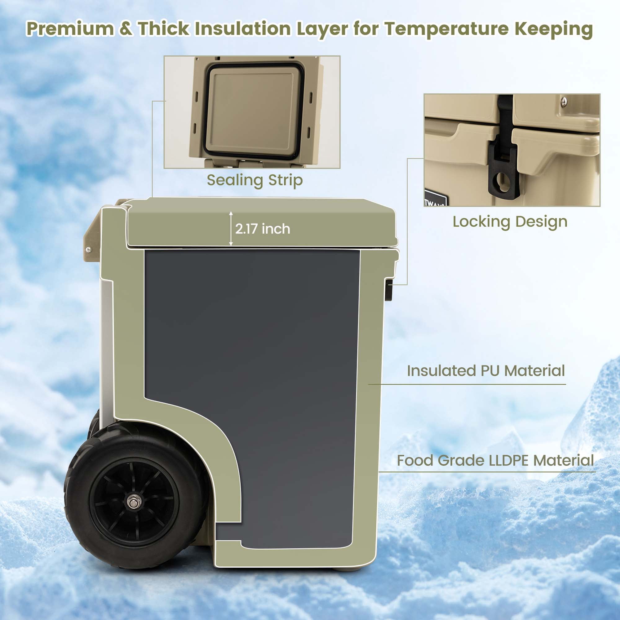 Costway 45 Quart Cooler Towable Ice Chest w/ All-Terrain Wheels Leak-Proof for Camping