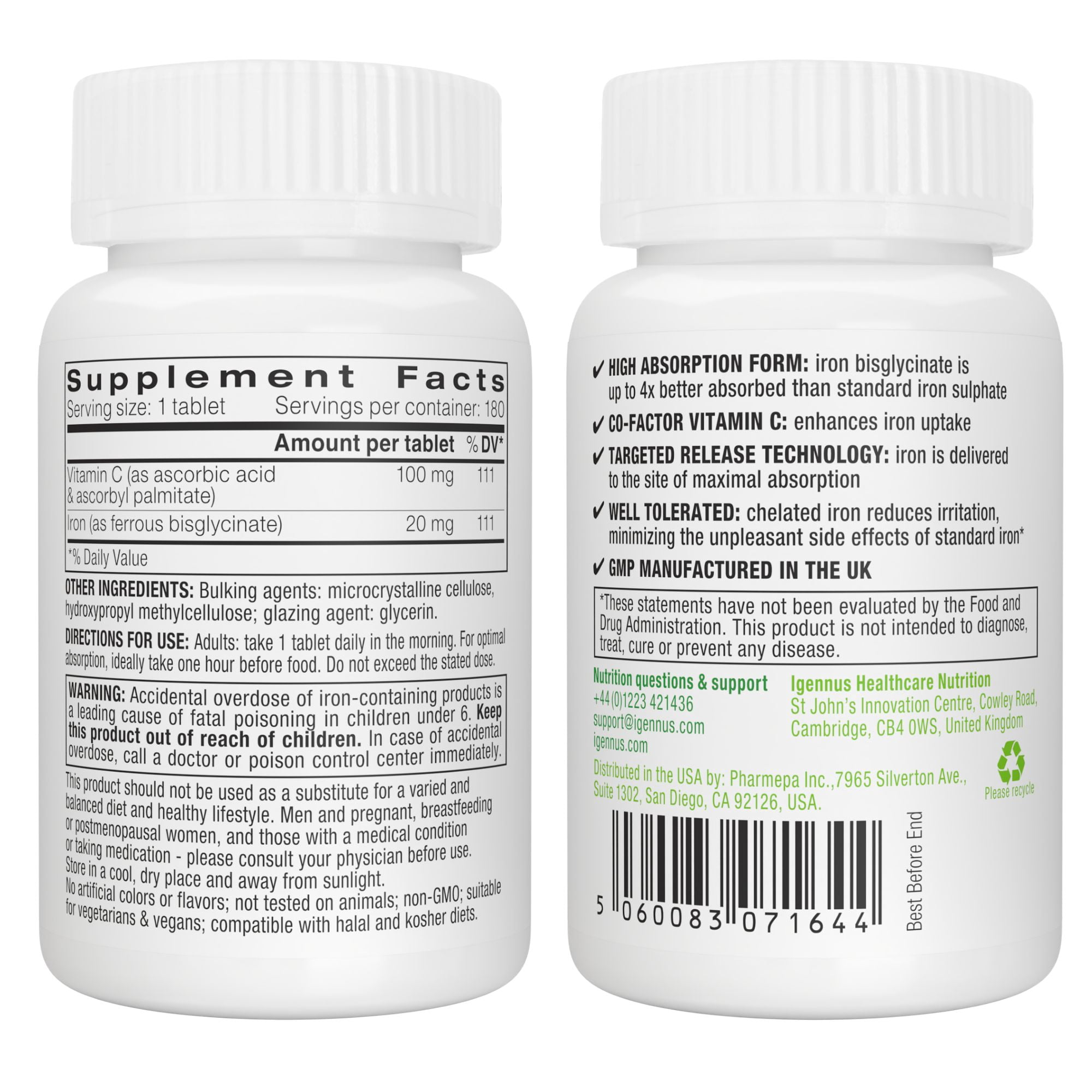 Igennus Clean & Gentle Iron Bisglycinate 20mg Plus Vitamin C, 6 Month Supply, Targeted Release, Chelated High Absorption Ferrous Bisglycinate, Vegan, 180 Tablets