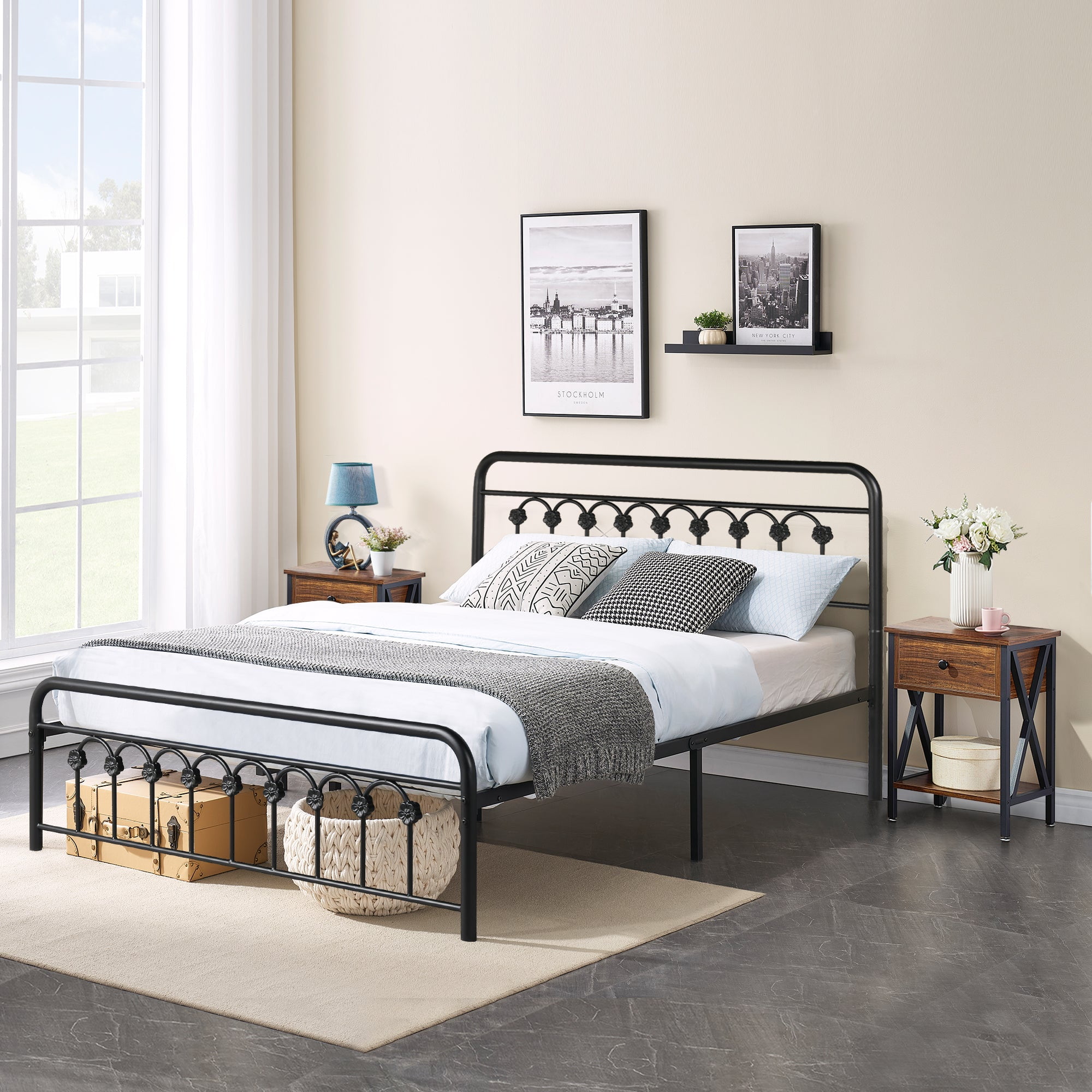 VECELO Bedroom 3piece Set, Metal Platform Bed Frame with Set of 2