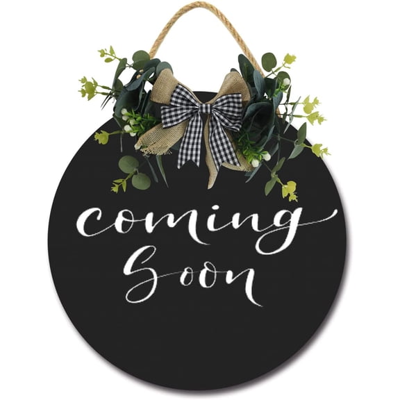 Eveokoki 12" Door Wooden Hanging Sign,Coming Soon Sign Front Door Decor with Bowknot Rustic Farmhouse Wood Sign Door Hanger for All Season All Holiday Home Office Shop Window