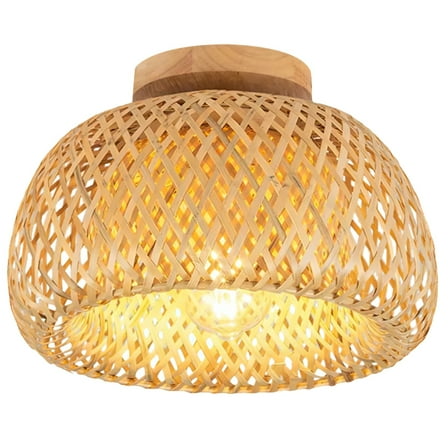 Wood Rattan Ceiling Light Fixture, Semi-Flush Mount Handwoven Rattan Shade, Farmhouse Light Chandelier Shade, Dual-Layer Lamp Fixture for Bedroom, Hallway, Kitchen, E26 Base Included