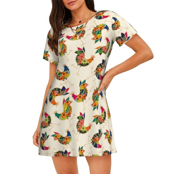 Balery Boho Chicken Camisón de manga corta con cuello redondo para mujer, cómodo y elegante.