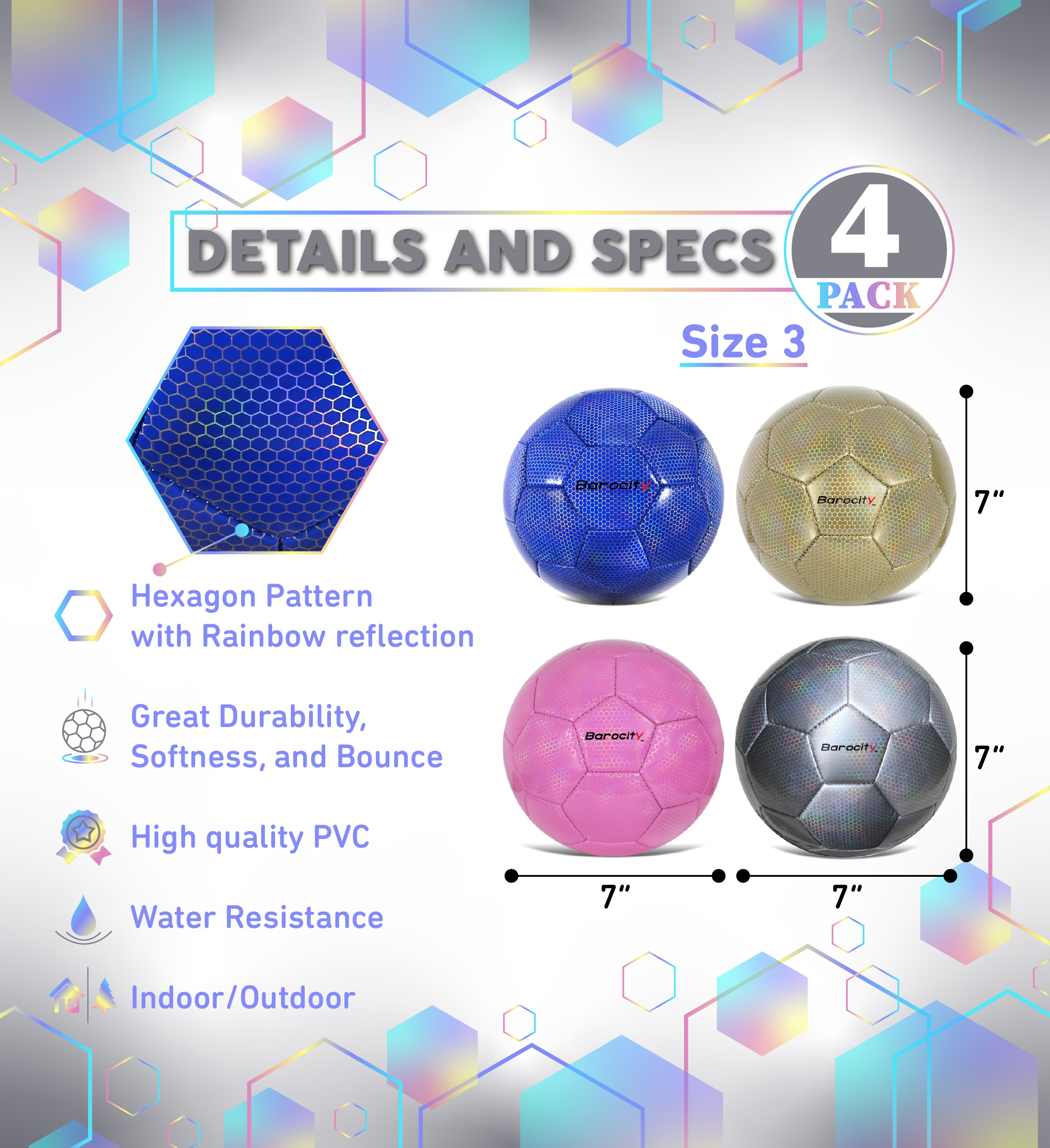 Barocity Iridescent Soccer Balls Set of 4 – Gold, Silver, Pink, Blue Official Match Ball with Reflective Hex Pattern, Sport Soccer Balls for Indoor and Outdoor Training and Practice Games - Size 3