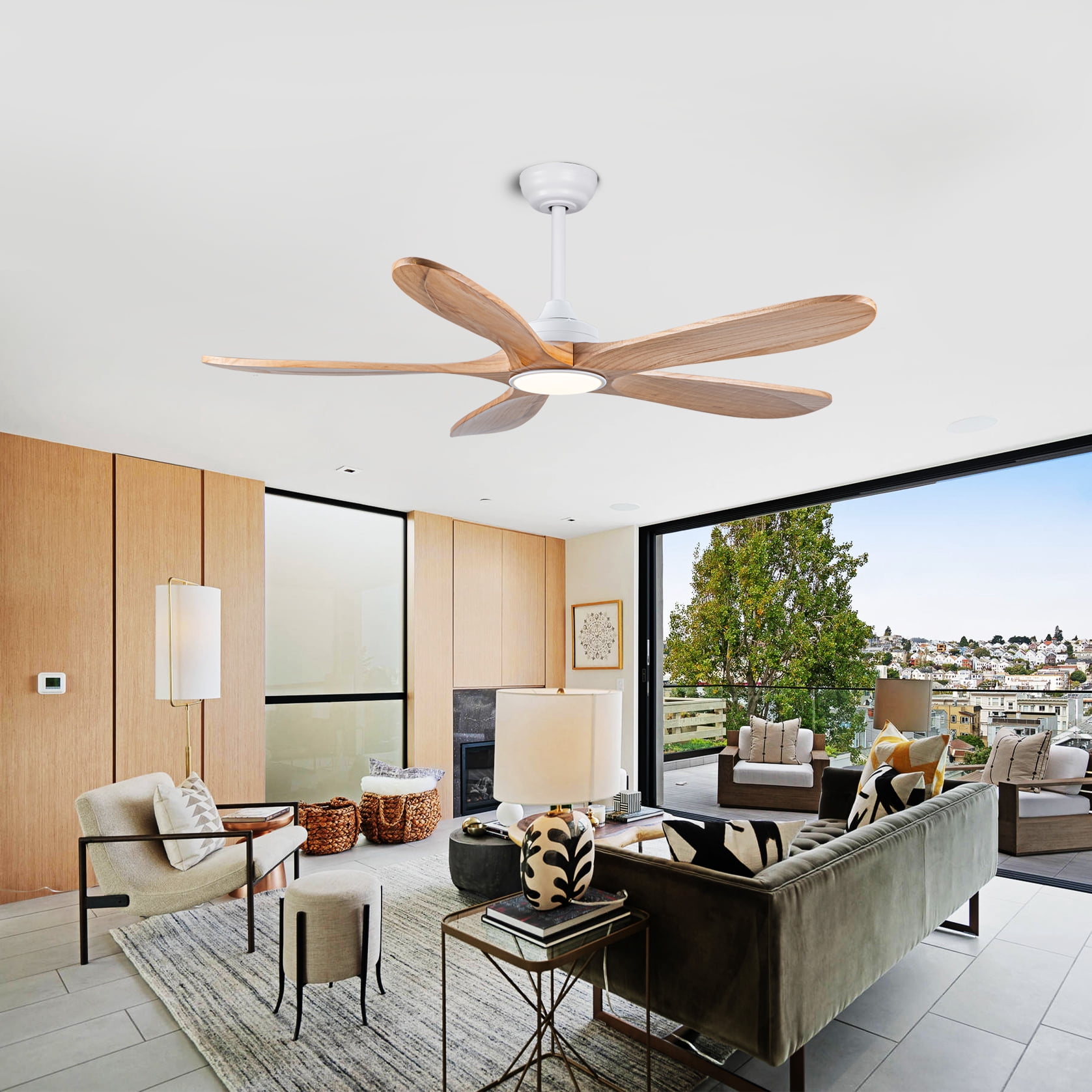 Mintazer 52 in Ceiling Fan with Lights and Remote, Modern Ceiling Fan with 6 Speed & 5 Blade for Farmhouse Bedroom Living Room Gazebo Patio, Natural