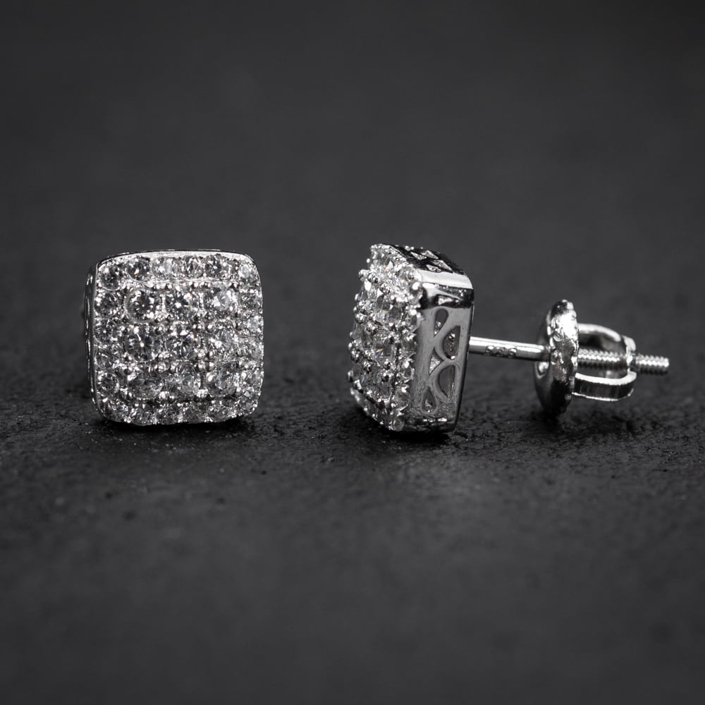 Small 3D Square White Gold 925 Sterling Silver Screw Back Post Micro Pave Iced Cz Cube Shape Tiny Hip Hop Every Day Stud Earrings