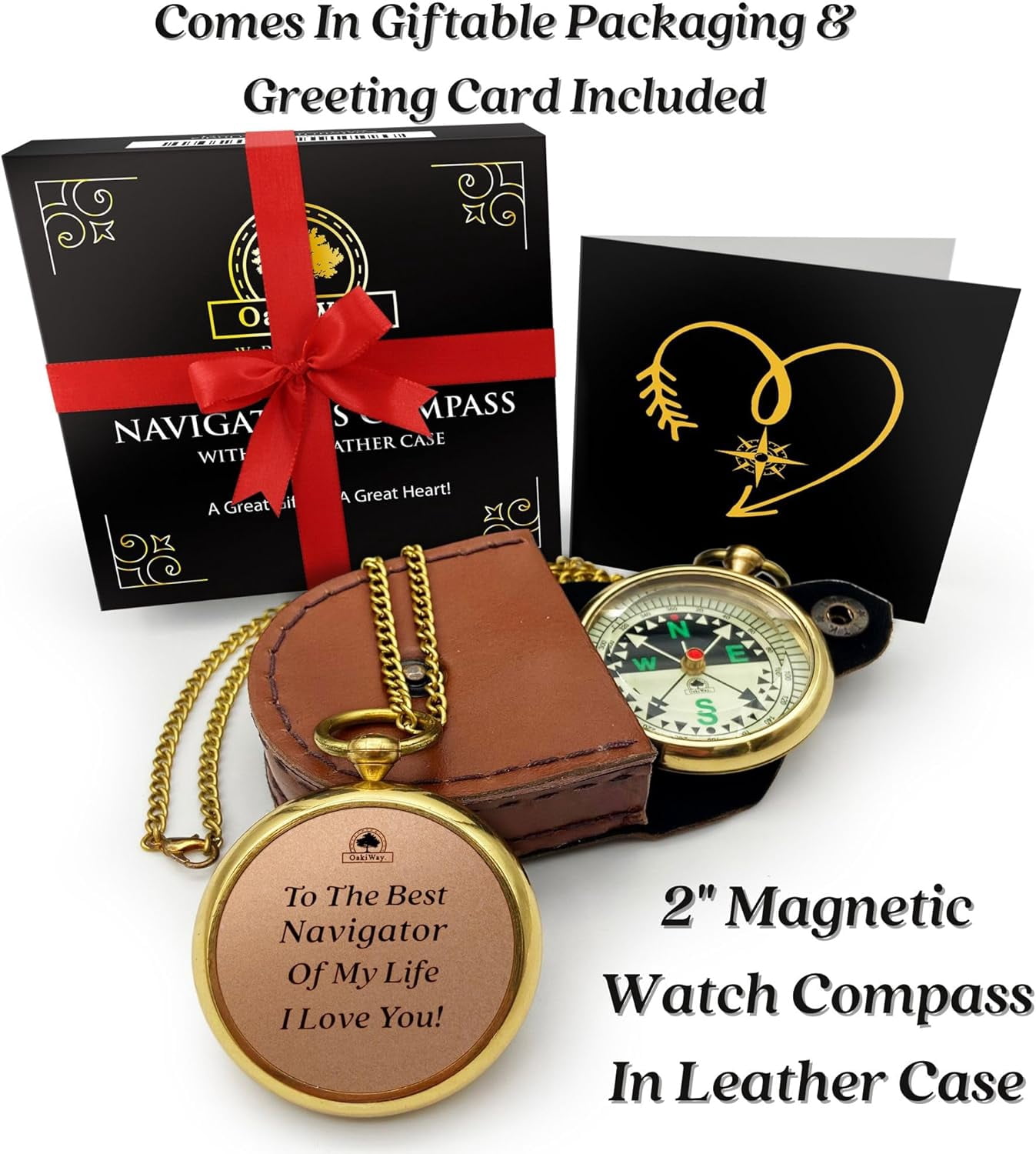 OakiWay Luxury Compass in Leather Case with Brass Chain – Thoughtful Gift for Dad & Child. Ideal Gift for Hiker, Traveler, Or Outdoor Enthusiast