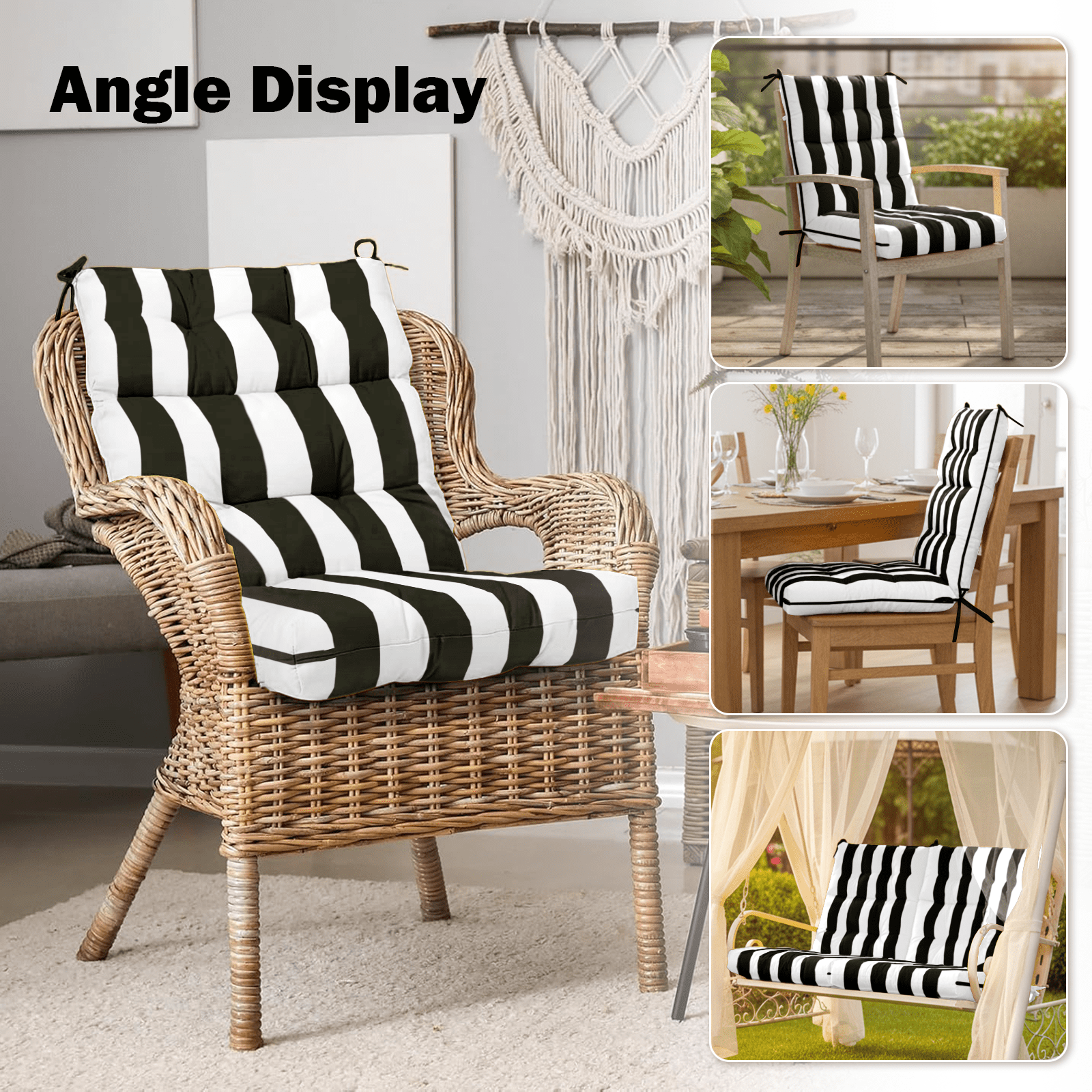 Vacmaster Patio High Back Chair Cushions Set of 2 - Outdoor Dining Chair Pads,Waterproof Replacement Seat Pad,for Rocking and Lounge Chairs,Indoor & Outdoor Furniture Cushions,Black White Stripes