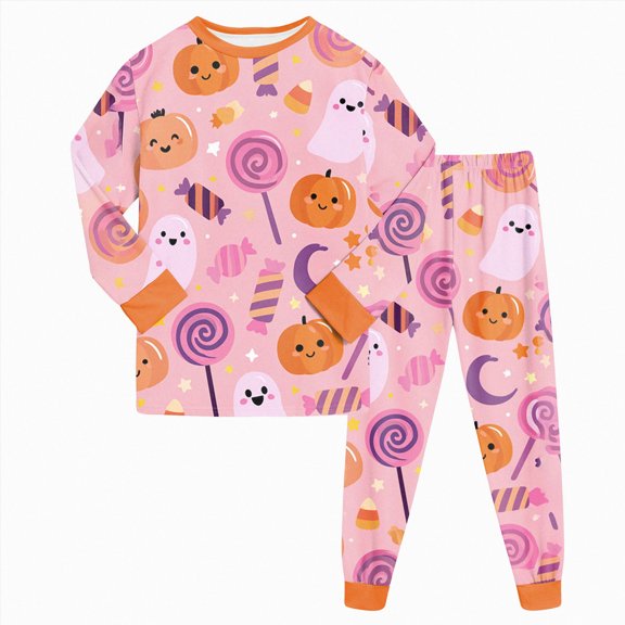 CAICJ98 Toddler Girls Halloween Pajamas Pumpkin Ghost Boy Pajamas Pjs Set Long Sleeve Kids Soft Cotton 2 Piece Sleepwear (5-6 Years,Pink)