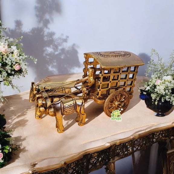 Ashopi Decor Decorative Bull Cart Unique for Decoration Brown Look - Indian Handmade Metal Craft Gift - Home & Office Decoration - Hotel Decor - Antique Collection -