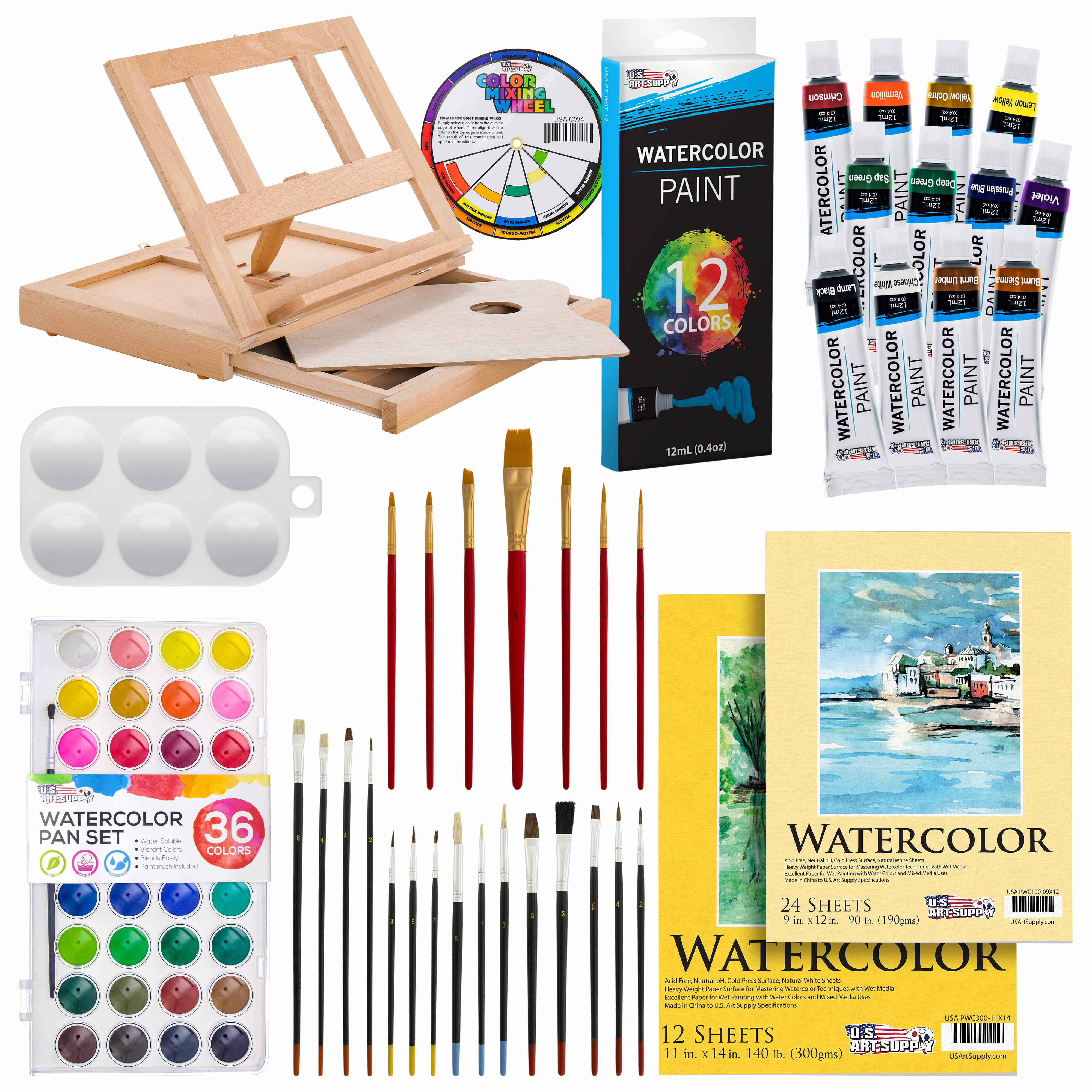 U.s. Art Supply 42-Piece Watercolor Painting Set Wood Easel, 12 Watercolor Tube Colors, Brushes, Watercolor Pan, Paper Pads, Plastic Palette & Color Mixing Wheel - Walmart.com