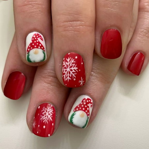 Christmas Press On Nails Short Square False Nails White Snowflake Full Cover Stick on Nails Santa Claus Artificial Nails