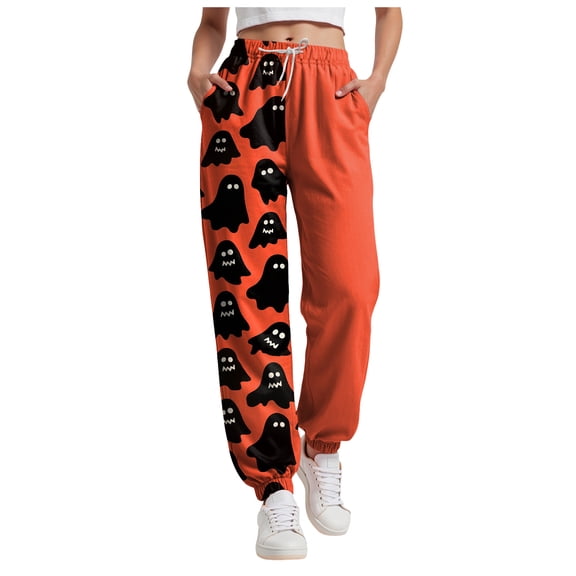 felwors Halloween Sweatpants for Women High Waisted Plus Size Halloween Woman Streetwear Jogger with Pockets Orange, S
