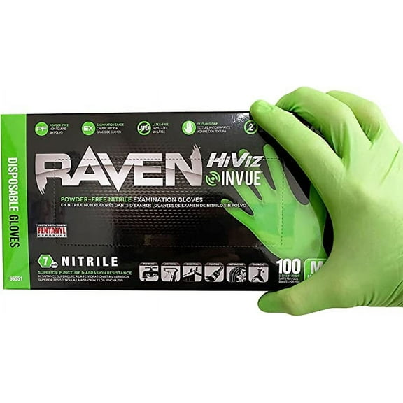 SAS Safety RAVEN HiViz Neon Green Nitrile Gloves (formerly Derma VUE), 7 MIL, Powder Free - 10 Boxes of 100 Gloves By Weight