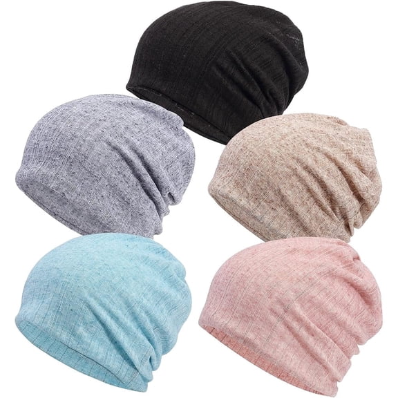 PHOGAY 5 Pack Chemo Headwear Turbans Cap, Women's Slouchy Beanie Chemo Hat Stretch Cancer Head Wraps Sleep Head Scarf for Cancer Patient, 5 Colors