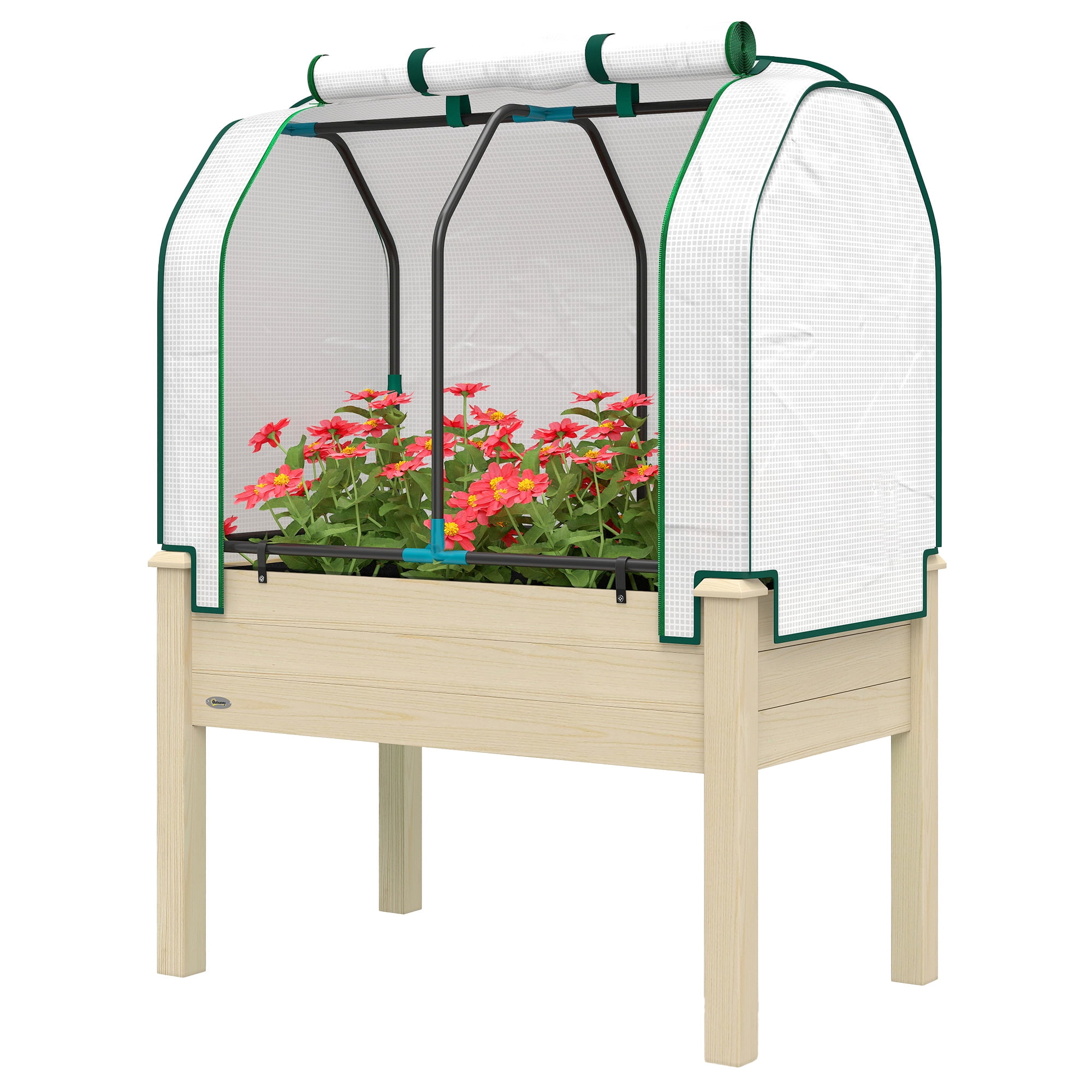 Raised Garden Bed with PE Cover, Fir Wood & Steel Frame, Roll-Up Ventilated Cover, Non-Woven Fabric, 4 Drainage Holes for Flowers Vegetables Outdoor