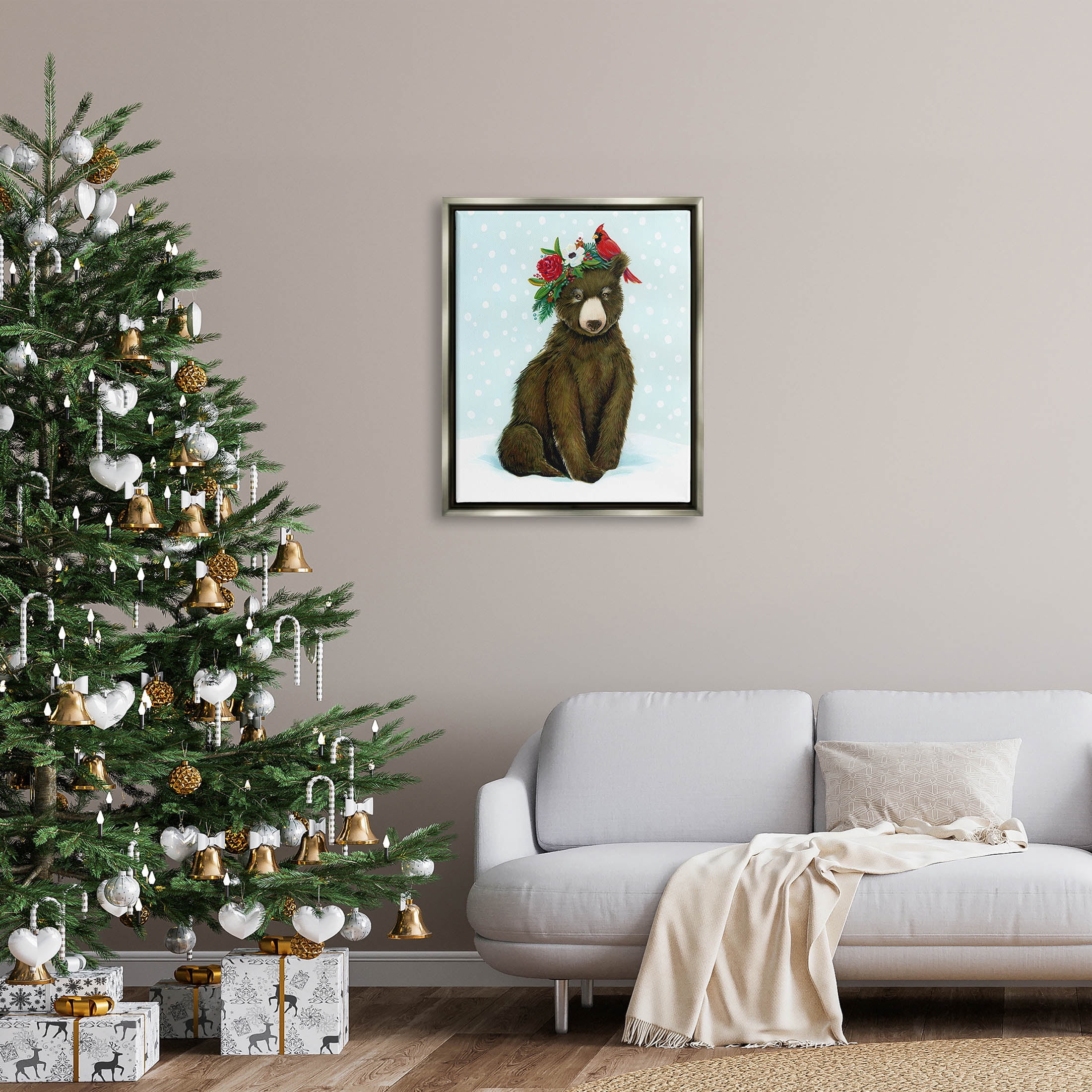 Stupell Industries Bear Seasonal Holly Snow Scene Graphic Art Luster Gray Floating Framed Canvas Print Wall Art, Design by Laura Marr