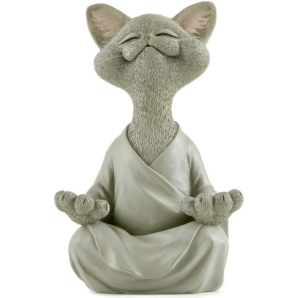 Whimsical Grey Buddha Cat Figurine Meditation Yoga Collectible