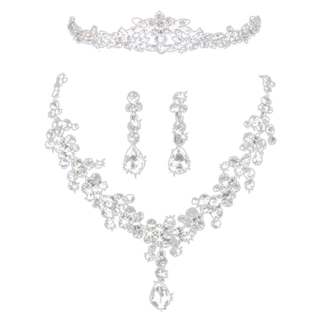Conjunto de joyas para mujer, collar y pendientes con corona de diamantes de imitación exquisitos para novia, para boda, fiesta, graduación, 3 piezas