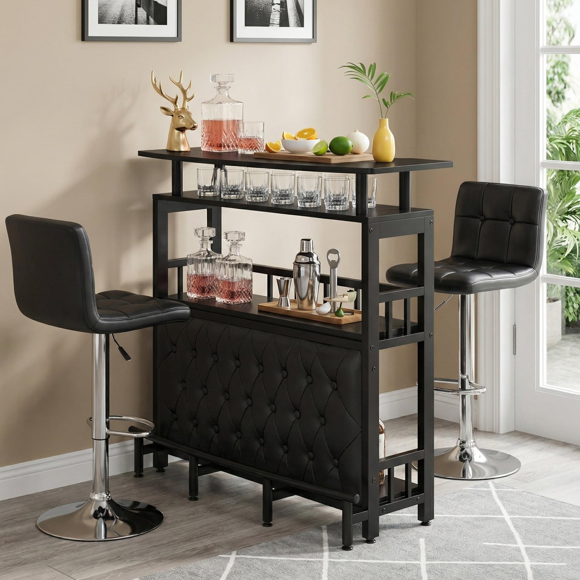 MAYEERTY Curved Counter Home Bar Table, Liquor Storage Bar Unit with Black Rail Guard Adjustable Feet for Indoor Entertainment