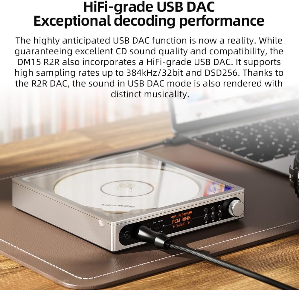 FiiO DM15 Portable Stereo CD Player with True 24Bit R2R DAC, 1150mW+1150mW High-Power Output, aptX Adaptive Bluetooth Transmitter, 24 Sound Presets, USB/CD HiFi Audio, HD Display (Black)