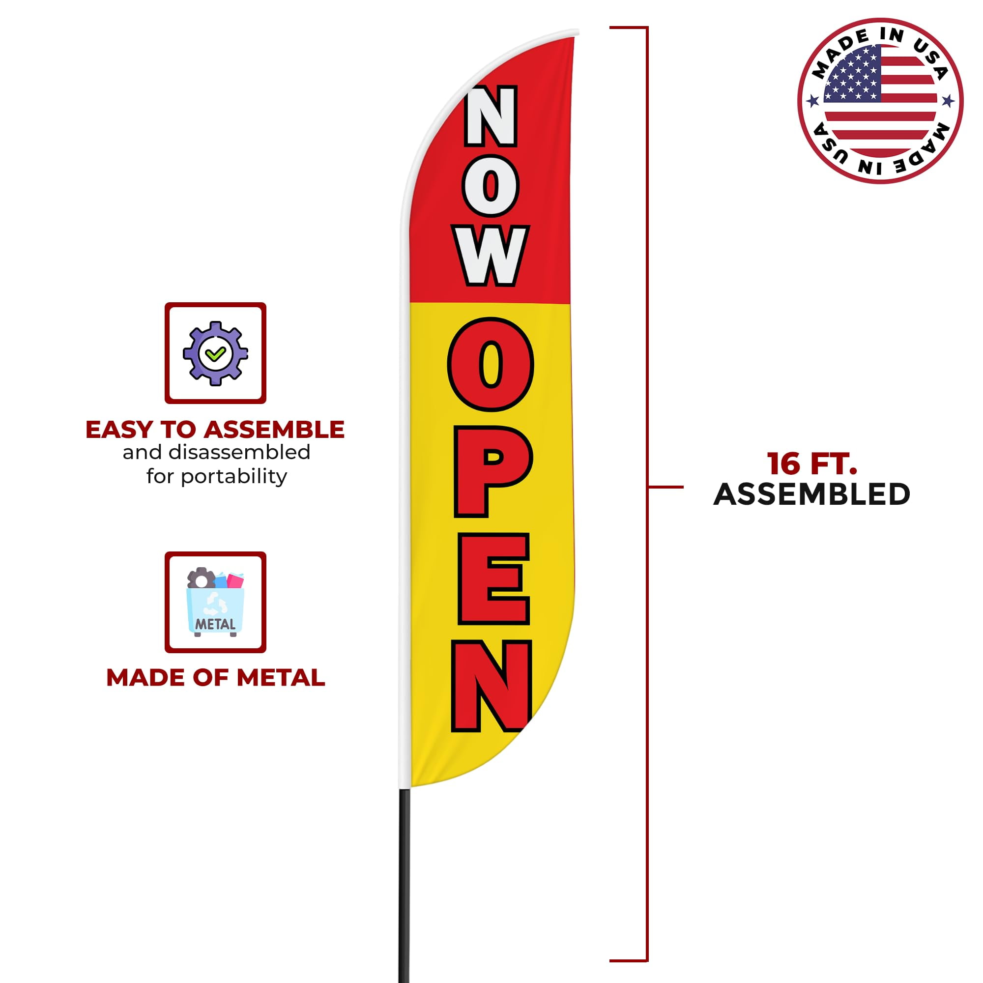 Now Open Feather flag for Outdoor by Mavis Print | 11.5 FEET Long Polyester Outdoor Banner Flag for Easy Hang | HD Print Swooper I Flag Only for Business Advertising | Made in USA I Flag Only