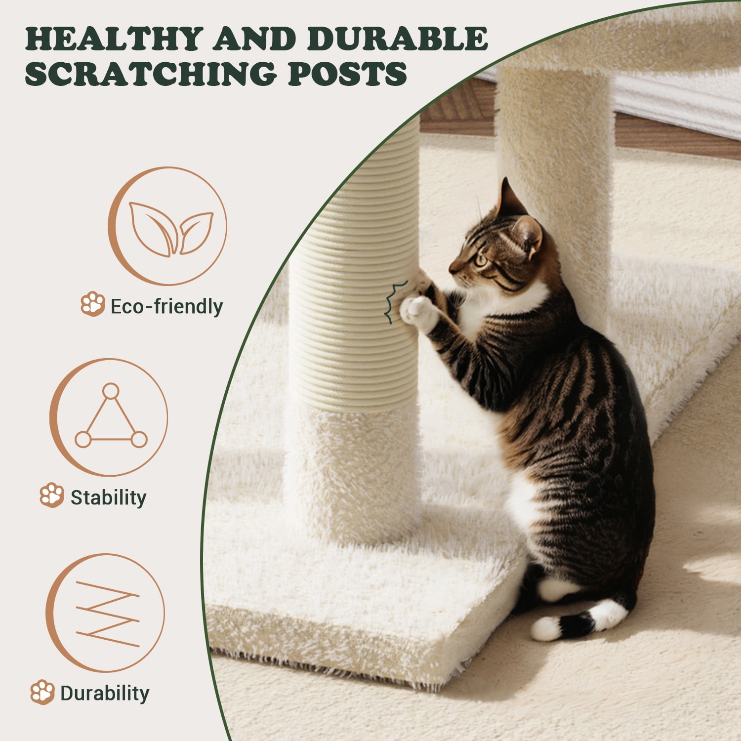 Amolife 65.7" Large Cat Tree and Tower Condo for Indoor Cats with 2 Scratching Boards, Hammock & Post, Beige