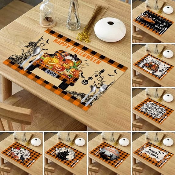 Happy Halloween Fall Pumpkin Placemats Table Mats Set of 8 Ghost Buffalo Plaid Kitchen Mat Dining Place mat Heat-Resistant Easy Clean Halloween Accessory 12.5x16.5 Inch