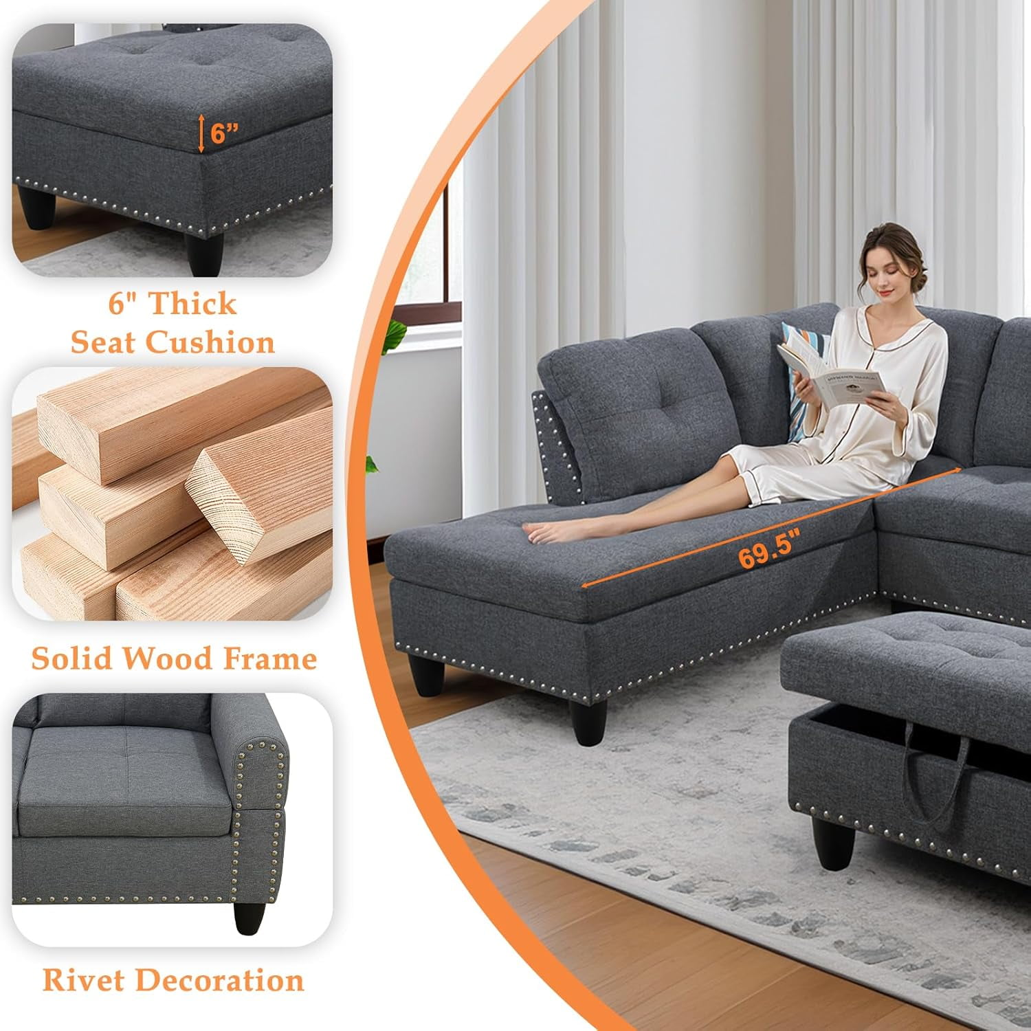 Howcool L Shaped Sectional Sofa, 4 Seater Modular Sectional Couch with Chaise Lounge, Storage Ottoman & 2 Cup Holders, Linen Sofa with Pillows for Living Room, Apartment, Dark Gray