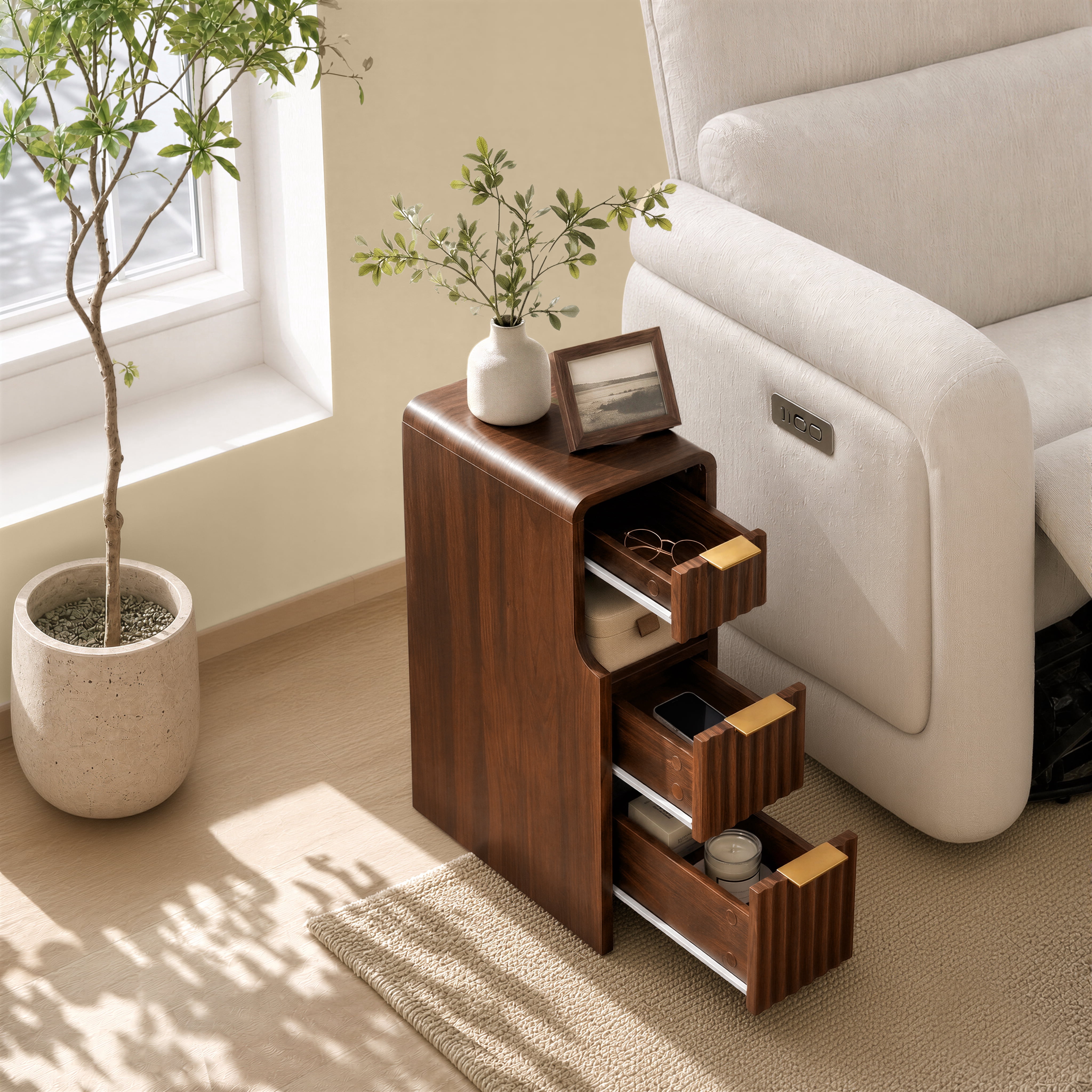 Spruce & Spring Mid-Century Modern Narrow Nightstand with 3 Drawers & Open Shelf for Bedroom, End Table for Small Spaces, Walnut