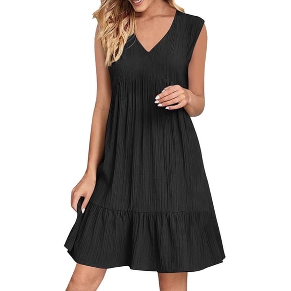 Quixlent Summer Cotton Linen Dress for Women Casual Sleeveless V Neck Mini Tank Dress Tiered A-line Flowy Beach Sundress