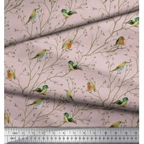 Soimoi Pink Cotton Duck Fabric Leaves & Flowerpecker Bird Fabric Prints By Yard 44 Inch Wide