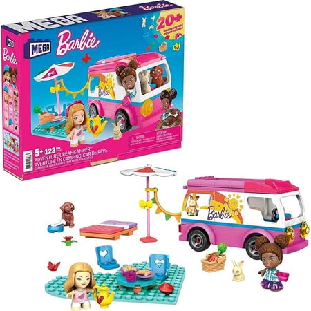 Mega Barbie Camper Building Toy Vehicle Playset, Adventure DreamCamper with 123 Pieces, 2 Micro-Dolls, Accessories, Pets and Furniture