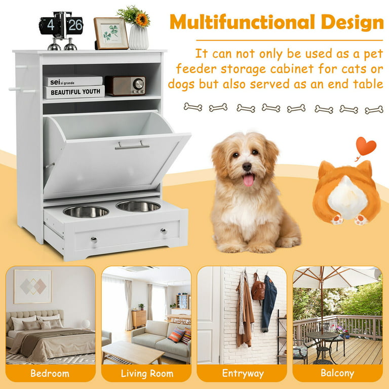 Gymax Pet Feeding Station Furniture w/ Double Pull Out Dog Bowl Food  Cabinet White 