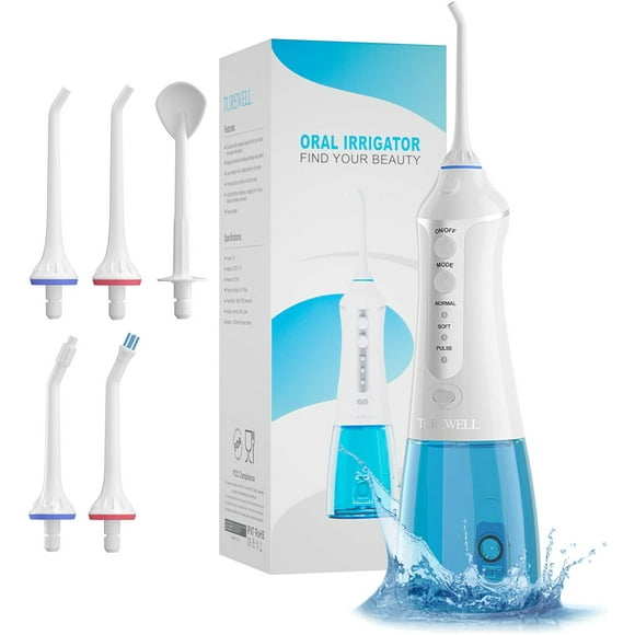 TUREWELL 300ml Portable Water Dental Pick, 3 Modes Oral Irrigator with 5 Multifunctional nozzles