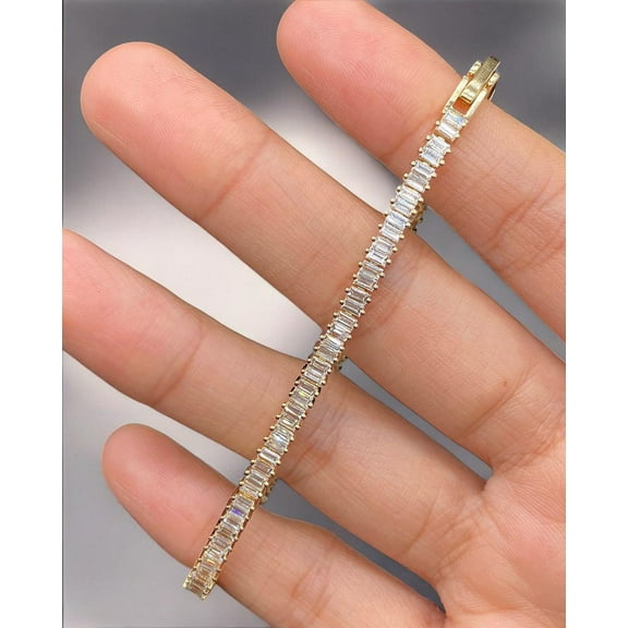 Hitanshu Jewels Baguette Cut Cubic Zirconia Women's Tennis Bracelet in 14K Yellow Gold Plated