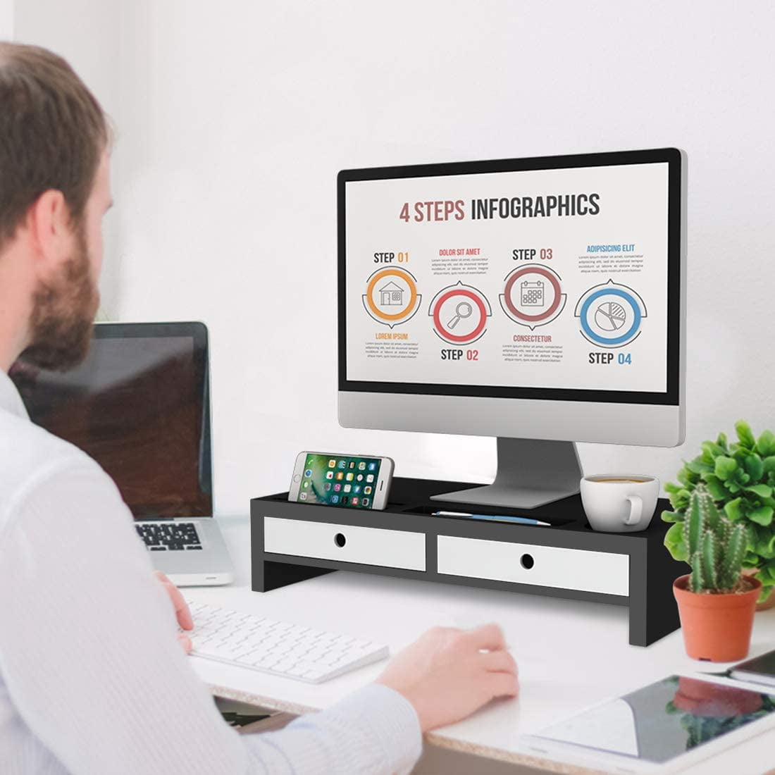 Monitor Stand Riser with Drawer - Desk Shelf Organizer Keyboard Storage Black 22" x 10.6" x 4.7"