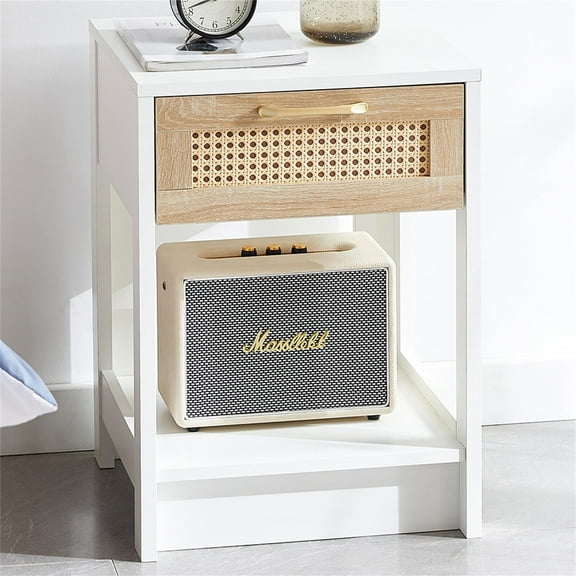 Kepooman 15.75" Rattan Night Table, Bedside Table with Drawer, Modern Farmhouse Nightstand for Living Roon, White