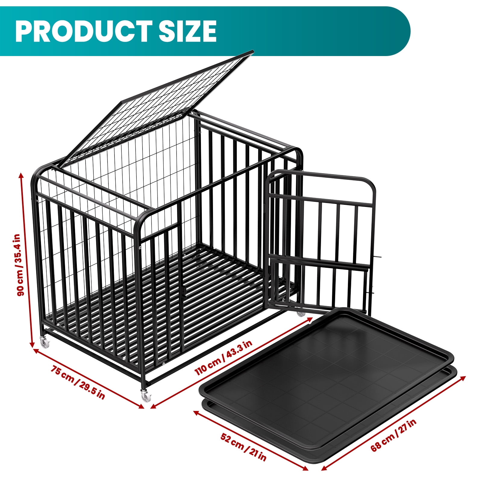 Heavy Duty 42 Inch Dog Crate Cage, Easy to Clean, Dog Kennel with 4 Lockable Wheels, Dog Crates for Indoor Outdoor Pet Housing