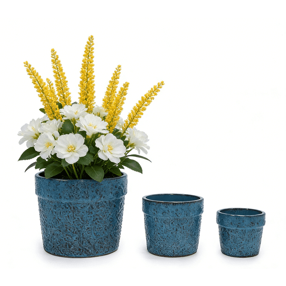 mdj pottery Ceramic Plant Pots Set of 3, Drainage Hole Design Planters for Outdoor Plants Indoor Use, Glossy Antique Blue Containers for Patio Garden Windowsill