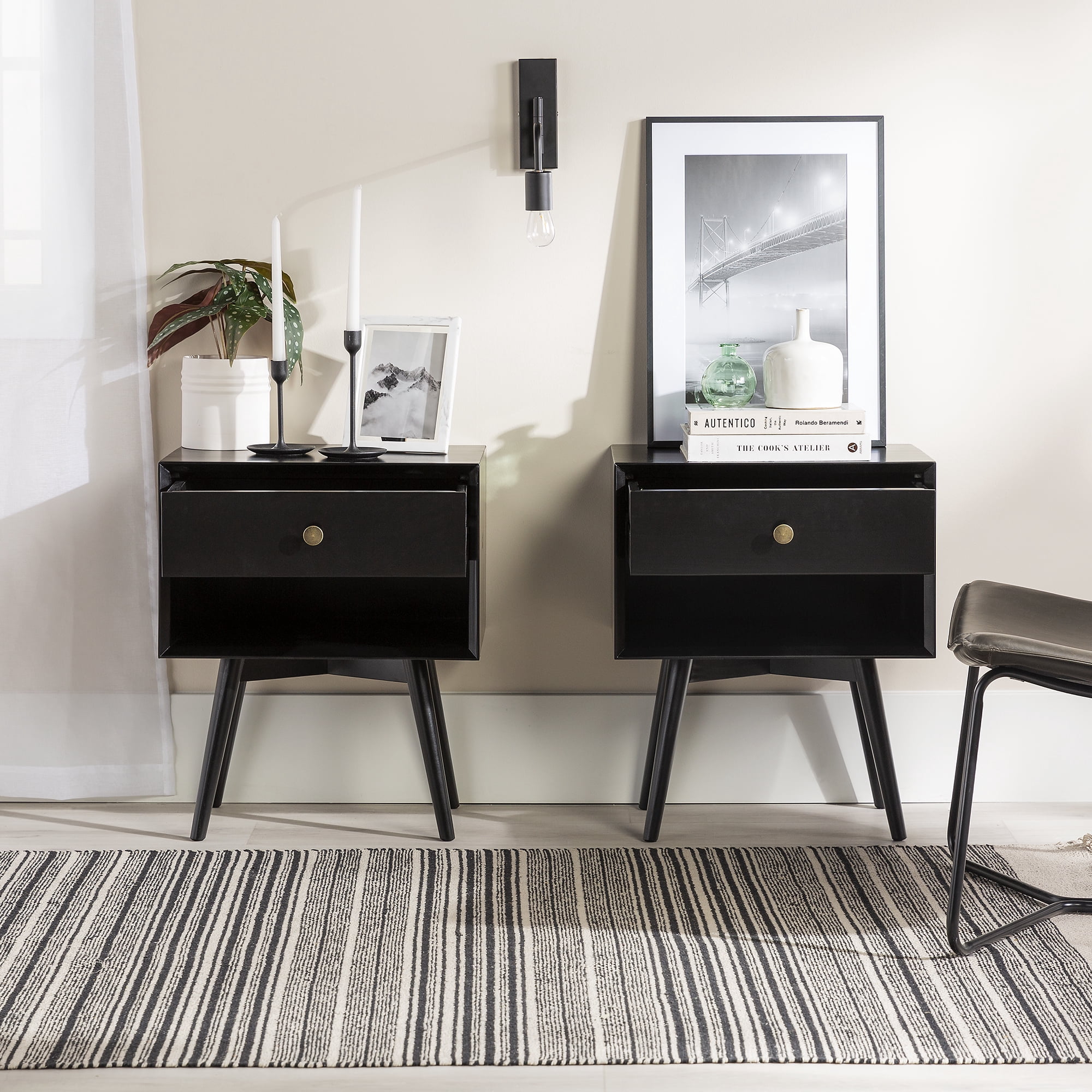 Walker Edison Mid-century Modern 1 Drawer Nightstand, Set of 2, Black