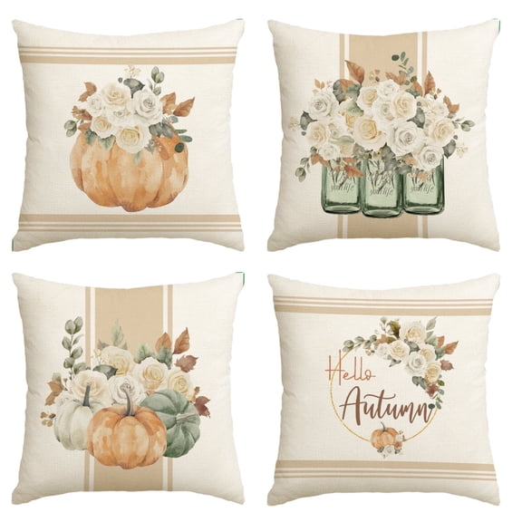 Sm:)e Hello Autumn Flower Maple Leaves Orange Pumpkin Watercolor Fall Throw Pillow Covers 18 x 18 Inch Set of 4